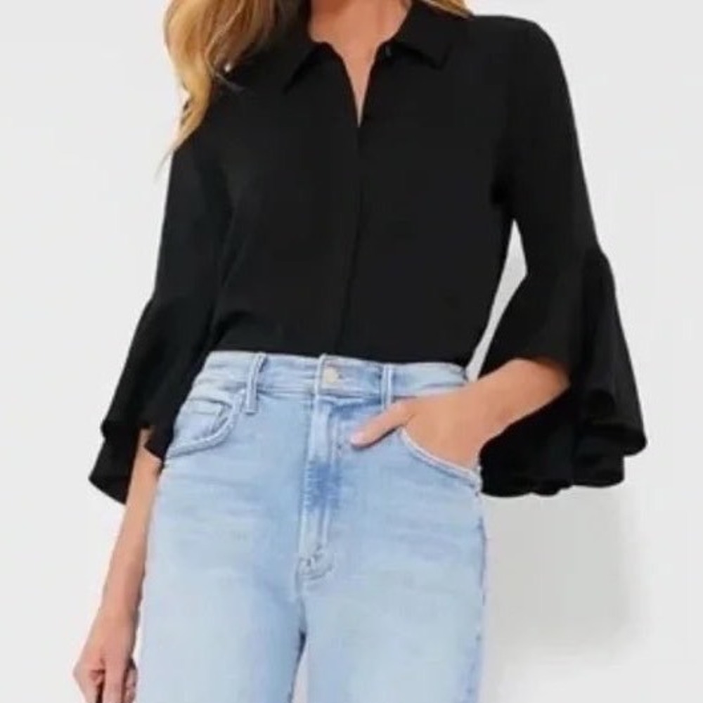 Tuckernuck Norah Ruffle Bell Sleeve Blouse Size L Black Quiet Luxury Minimalist